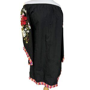 Velzara Sz M Black Embroidered Floral Off Shoulder Fringed Tunic Dress Boho